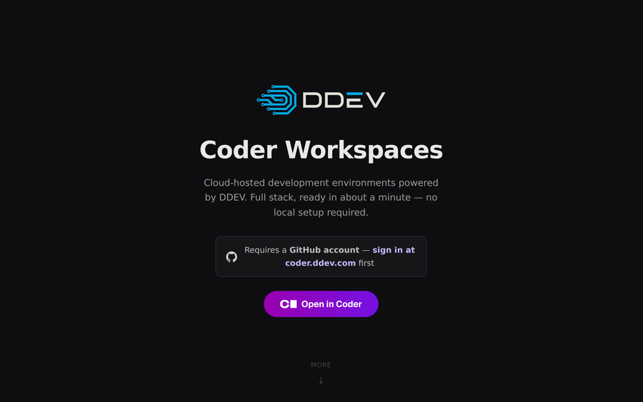 start.coder.ddev.com — Coder Workspaces landing page showing the DDEV logo and Open in Coder button
